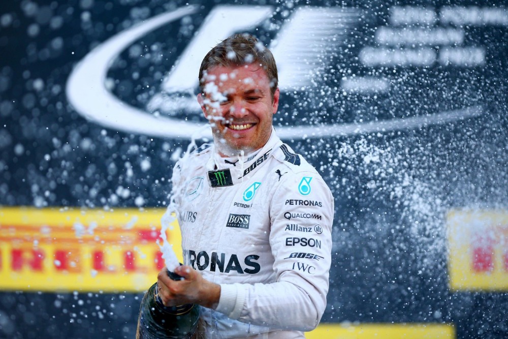 SOCHI, RUSSIA - MAY 01: Nico Rosberg of Germany and Mercedes GP celebrates his win on the podium during the Formula One Grand Prix of Russia at Sochi Autodrom on May 1, 2016 in Sochi, Russia. (Photo by Dan Istitene/Getty Images)